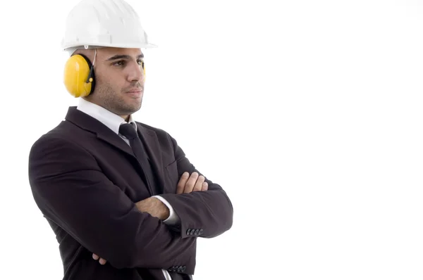 Arkitekt bära öronproppar och hjälm — Stockfoto
