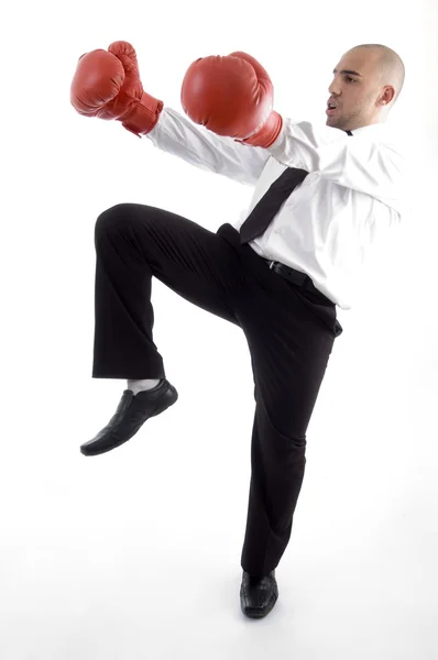 Executive in action wearing boxing glove — Stock Photo, Image