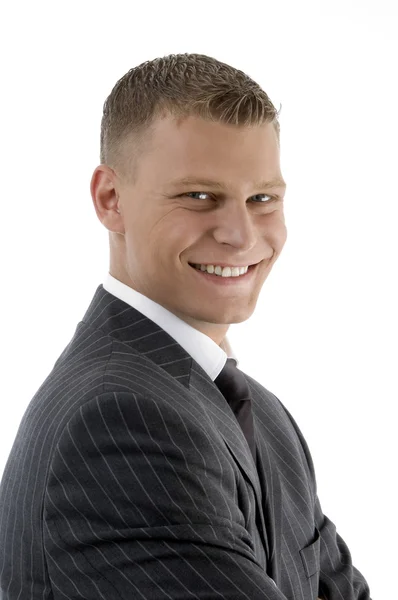 Side view of smiling young boss — Stock Photo, Image