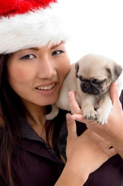 Mulher com cachorrinho bonito e chapéu de Natal — Fotografia de Stock