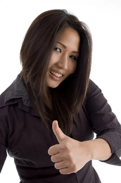 Nádherná mladá žena s palec nahoru — Stock fotografie