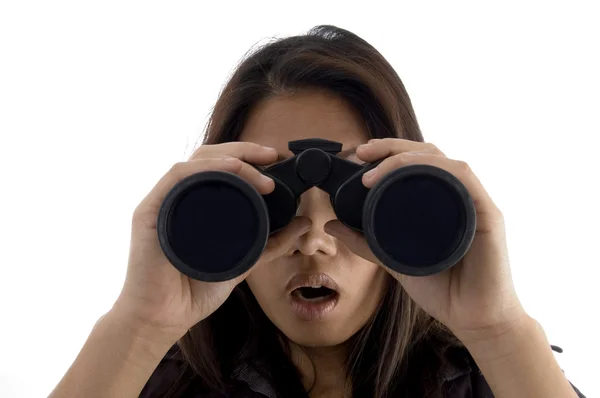 Astonished female with binoculars — Stock Photo, Image