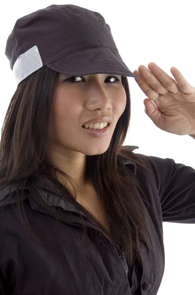 Security female guard saluting — Stock Photo, Image