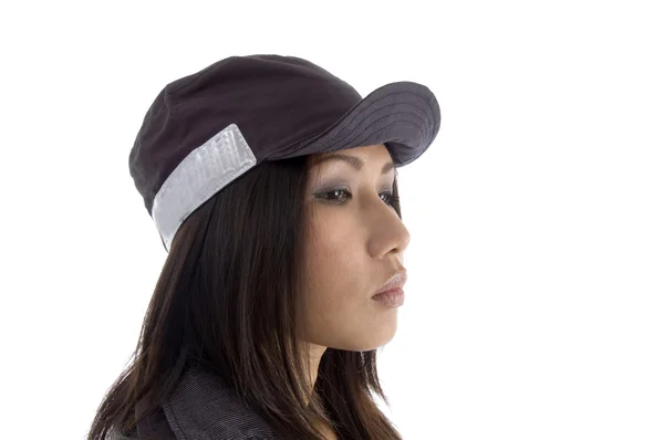 Posada lateral de la mujer con gorra de seguridad — Foto de Stock
