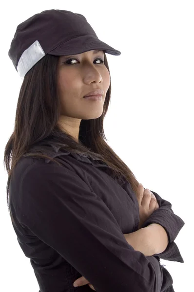 Kvinnliga säkerhetsvakt med korslagda armar — Stockfoto