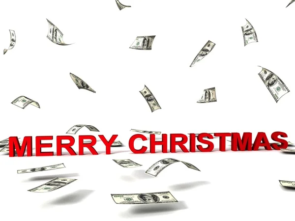 Merry christmas text and flying dollars — Stock Photo, Image