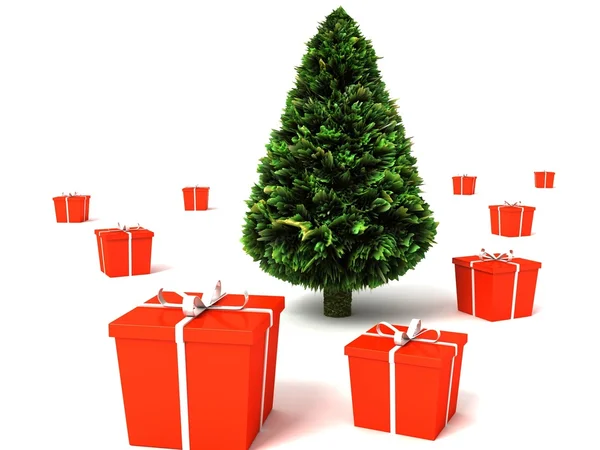 3d hristmas tree with gifts pack around — Stock Photo, Image