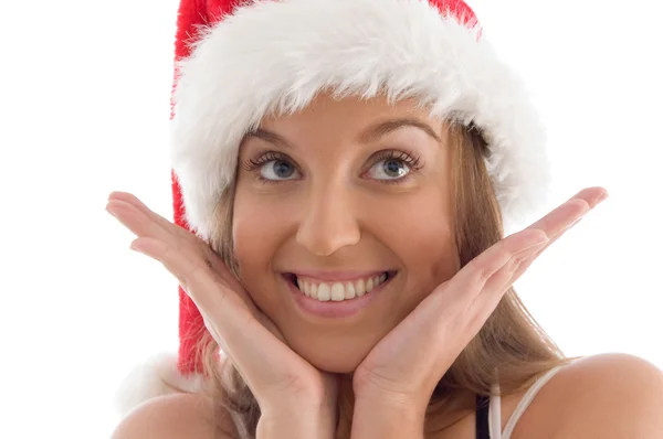 Portré, modell visel karácsonyi kalap — Stock Fotó