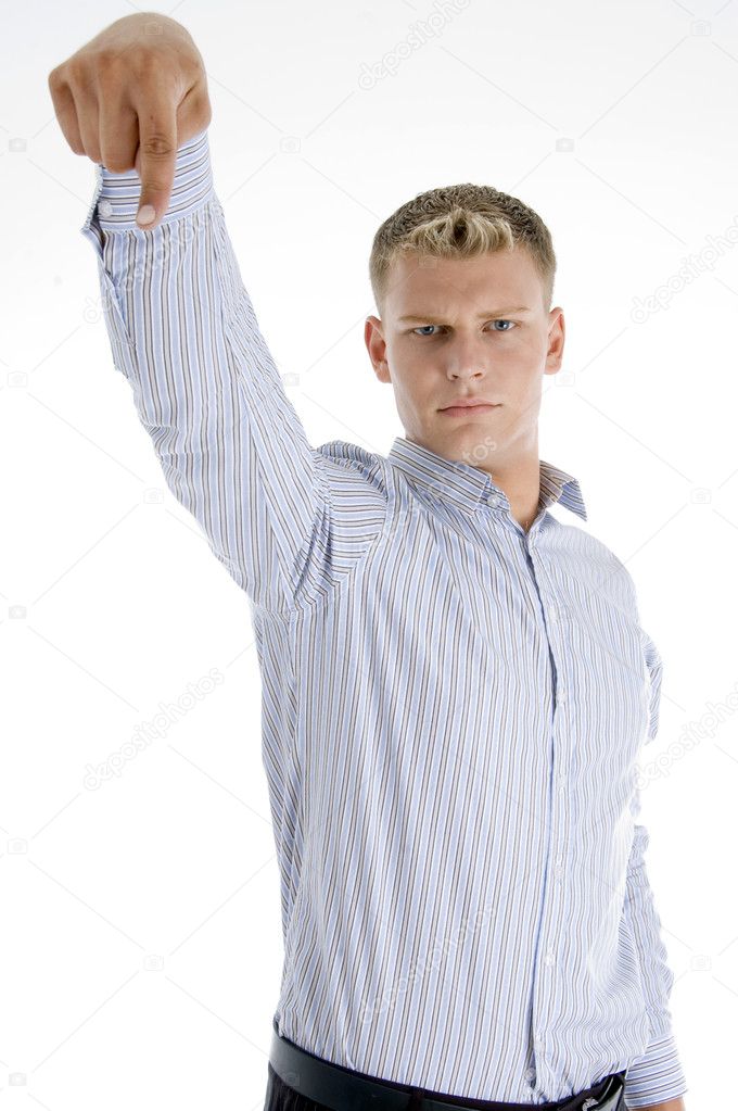 American man pointing downwards