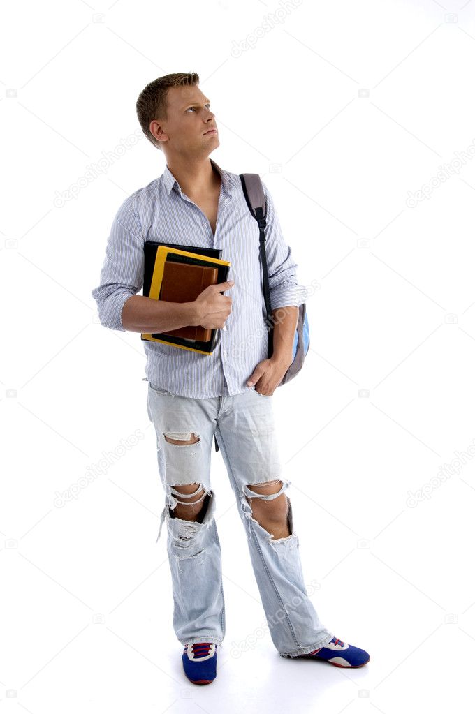 Full body pose of student with his books