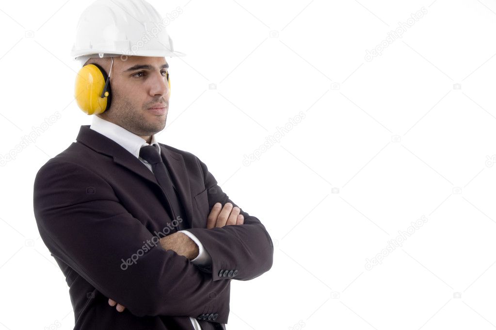Architect wearing earplugs and hard hat