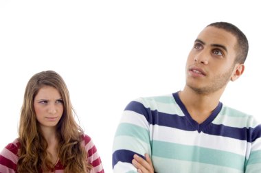 Young girl in anger looking at guy clipart