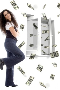 Smiling woman and flying 3d dollars clipart