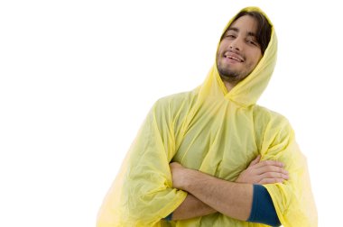 Man with folded hands in raincoat clipart