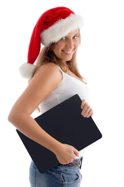 Side pose of woman holding laptop — Stock Photo, Image