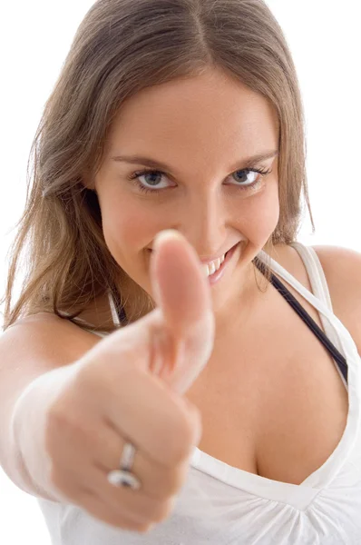Pleased female with thumbs up — Stock Photo, Image