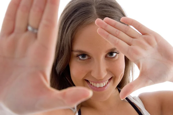 Cheerful model showing her palms — Stock Photo, Image
