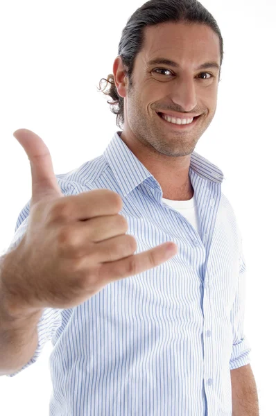 Smiling man with hand gesture — Stock Photo, Image