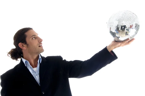 Бізнесмен тримає диско м'яч — стокове фото