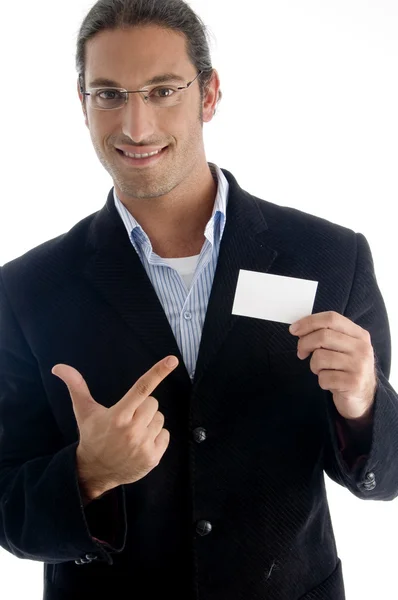 Chefe apontando para o cartão de visita — Fotografia de Stock