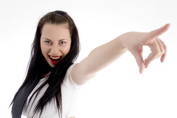 Attractive woman pointing and shouting — Stock Photo, Image