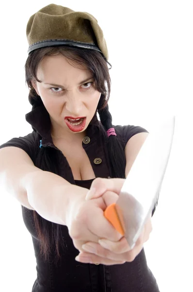 Pretty young female holding knife — Stock Photo, Image