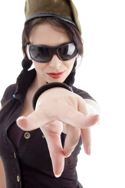 Pretty young female pointing at camera — Stock Photo, Image