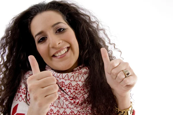 Весела жінка показує великі пальці вгору — стокове фото