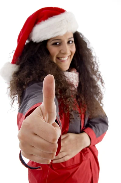 Χριστουγεννιάτικη γυναίκα δείχνει αντίχειρες επάνω — Φωτογραφία Αρχείου