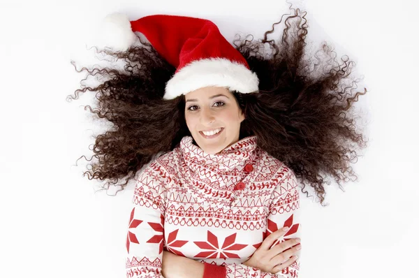 Top view of female wearing christmas hat — Stock Photo, Image