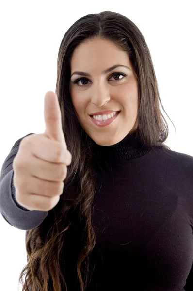 Portrait of young woman with thumbs up — Stock Photo, Image