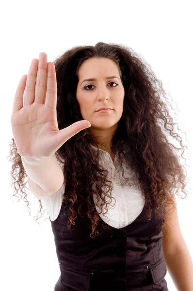 Beautiful woman posing stop gesture — Stock Photo, Image