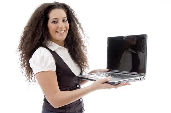 Sales woman presenting laptop — Stock Photo, Image