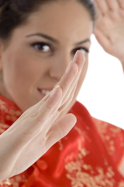 Close up of woman showing karate gesture — Stock Photo, Image