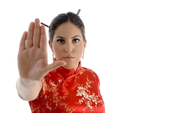 Feminino mostrando gesto mão parada — Fotografia de Stock