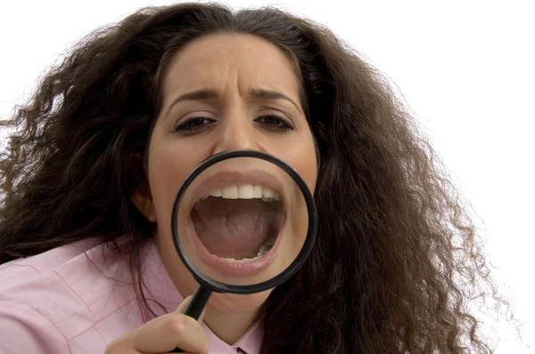 Mujer corporativa con boca magnificada —  Fotos de Stock