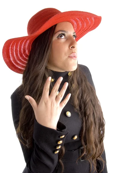 Beautiful female in hat posing in style — Stock Photo, Image