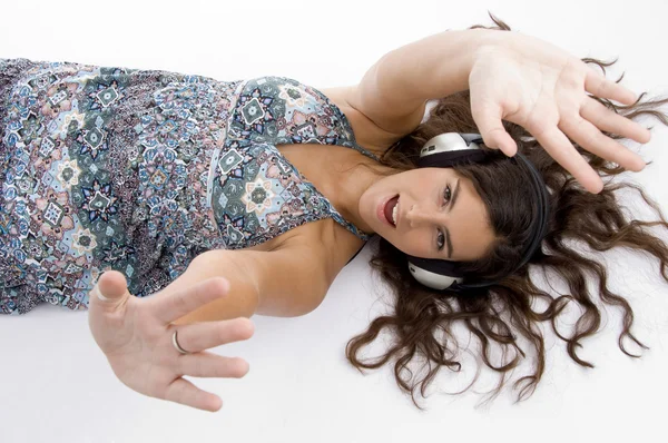 High angle view of woman tuned in music — Stock Photo, Image