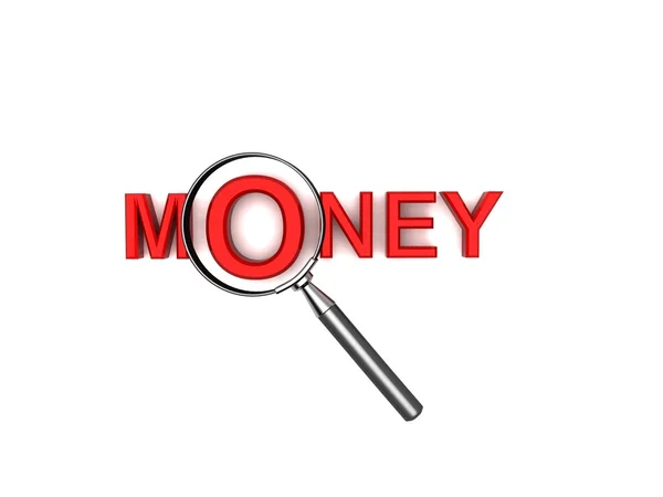 3d money text with magnifying glass — Stock Photo, Image