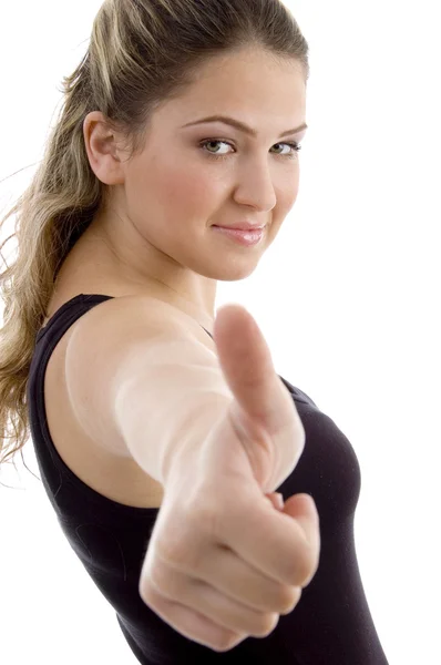 엄지손가락을 보여주는 여성의 측면 보기 — 스톡 사진