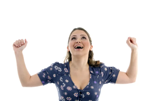 Glad ung kvinna med upphöjda armar — Stockfoto