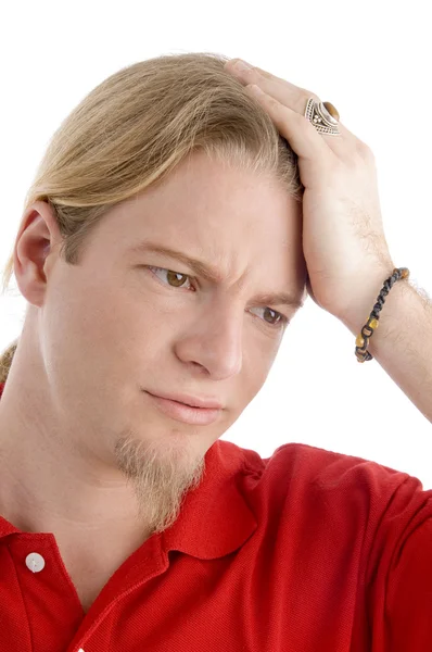 Handsome male in tension, holding head — Stock Photo, Image