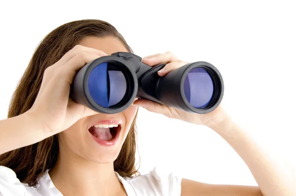 Female watching through binoculars — Stock Photo, Image