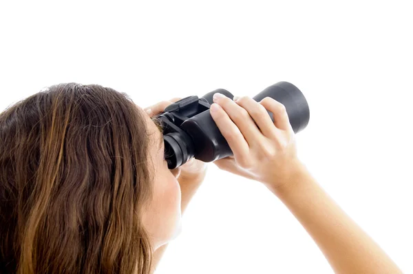 Observações femininas através de binóculos — Fotografia de Stock