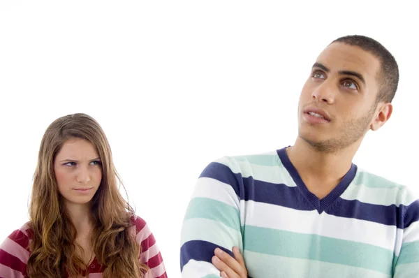 Young girl in anger looking at guy — Stock Photo, Image