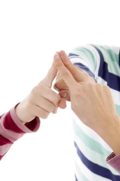 Gangue de amigos unindo os dedos — Fotografia de Stock