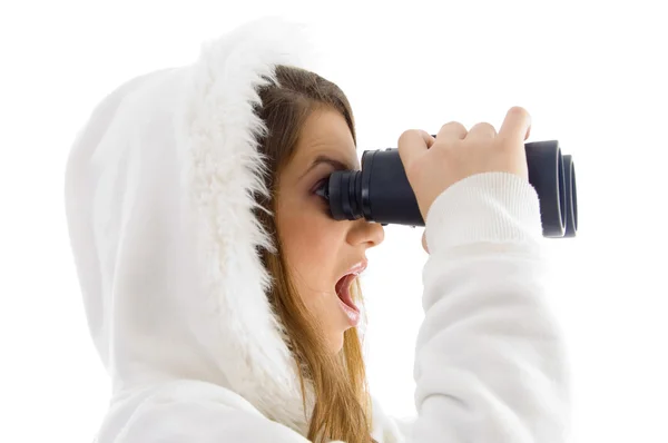 Astonished female with pair of binocular — Stock Photo, Image