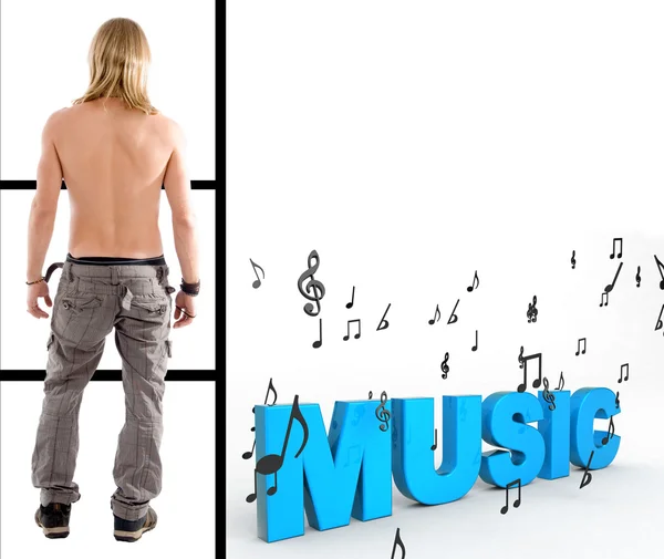Hombre sin camisa con texto de música 3d — Foto de Stock