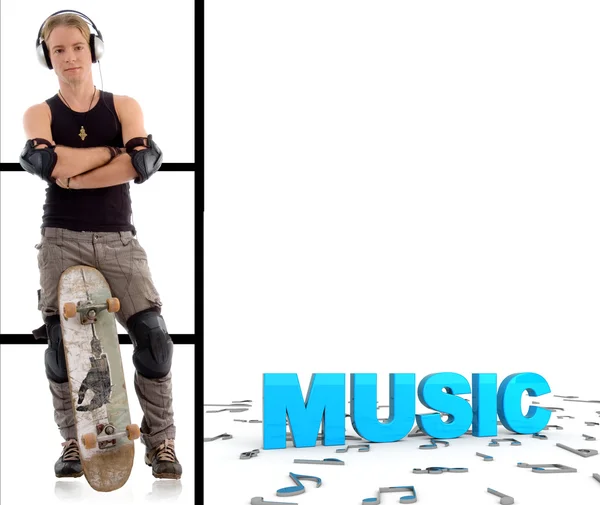 Чоловік зі скейтбордом і 3d музичним текстом — стокове фото