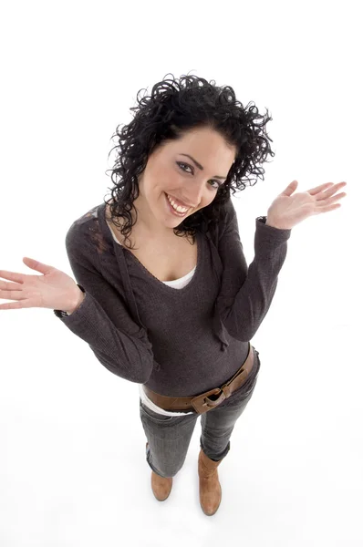 Smiling model showing open palms — Stock Photo, Image